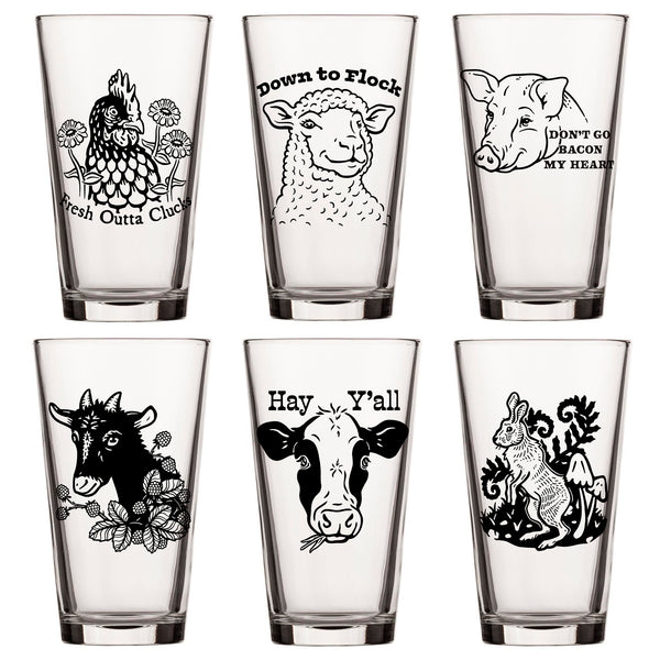 Unique Beer Glass Gift Set - Mix And Match 6 Animal 16 Oz Pint Glasses