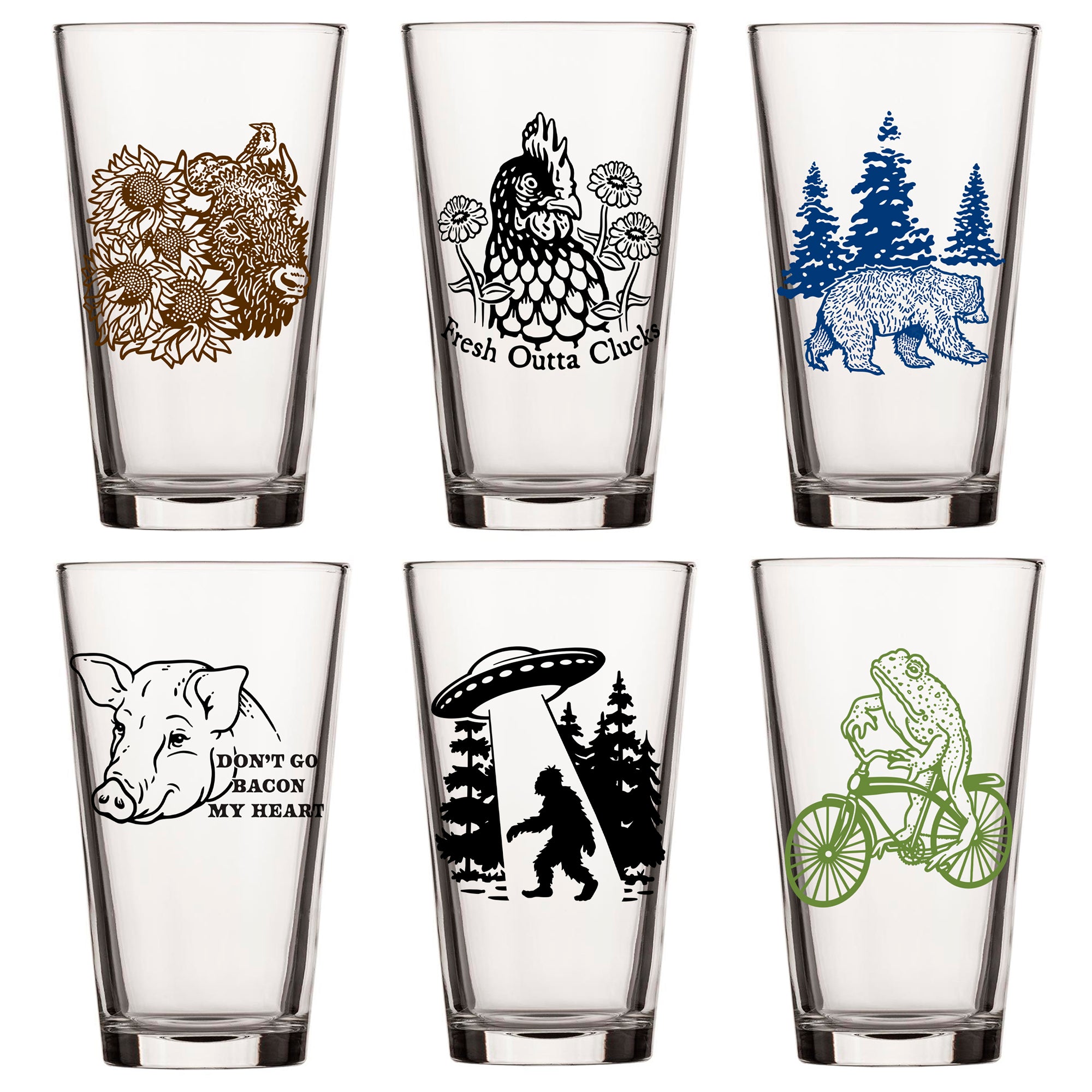 Unique Beer Glass Gift Set - Mix And Match 6 Animal 16 Oz Pint Glasses