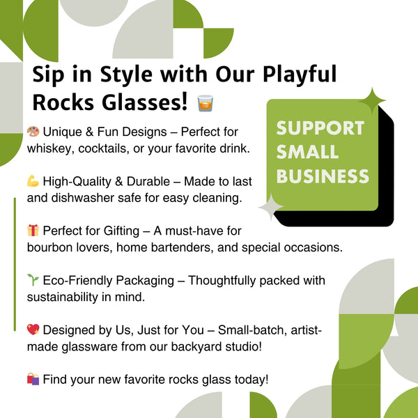 A vibrant graphic promoting the bison rocks glass collection with cheerful messages about unique designs, durability, and being perfect for gifts.