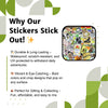 Promotional graphic highlighting the durability and appeal of various stickers, including the Hiking Sticker, a delightful beer can sticker design, perfect for gifting and collecting.