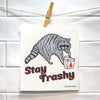 Raccoon Dish Rag - Eco-Friendly, Biodegradable Swedish Dishcloth hanging on a line, emphasizing its playful design and charming cleaning capabilities.