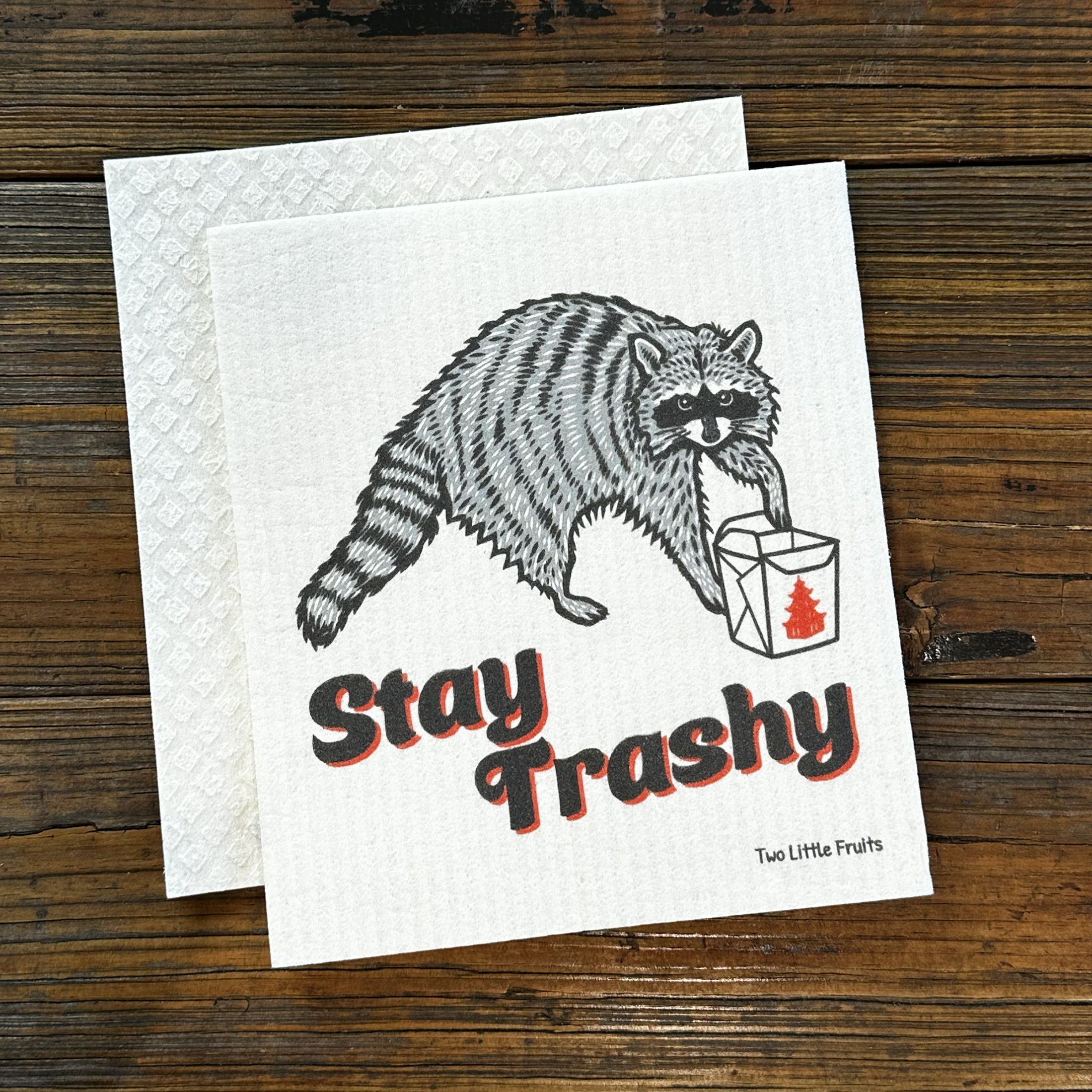Raccoon Dish Rag - Eco-Friendly, Biodegradable Swedish Dishcloth featuring a playful raccoon design with the phrase 'Stay Trashy' - perfect for sparkling clean homes.