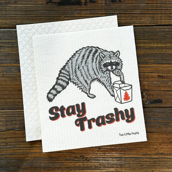Raccoon Dish Rag - Eco-Friendly, Biodegradable Swedish Dishcloth featuring a playful raccoon design with the phrase 'Stay Trashy' - perfect for sparkling clean homes.