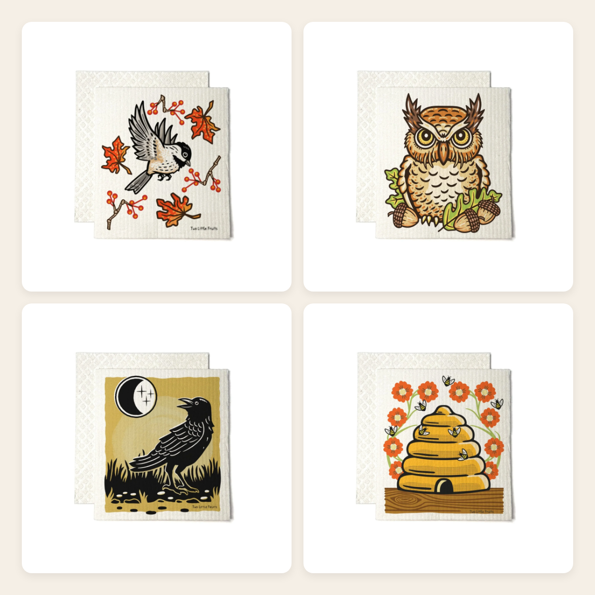 Swedish Dishcloth Set of 4 — Birds & Pollinators Kitchen Gift Set bundle