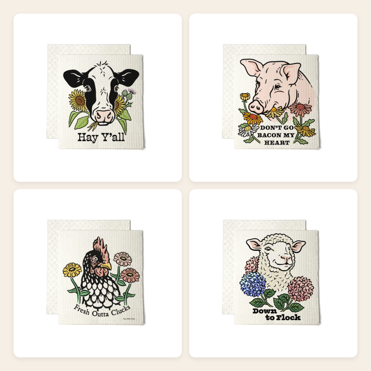 Swedish Dishcloth Set of 4 — Farm Animal Kitchen Gift Set bundle