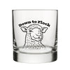 Clear Funny Lamb Whiskey Glass displaying a lamb illustration and the words 'Down to Flock,' ideal for whiskey lovers.