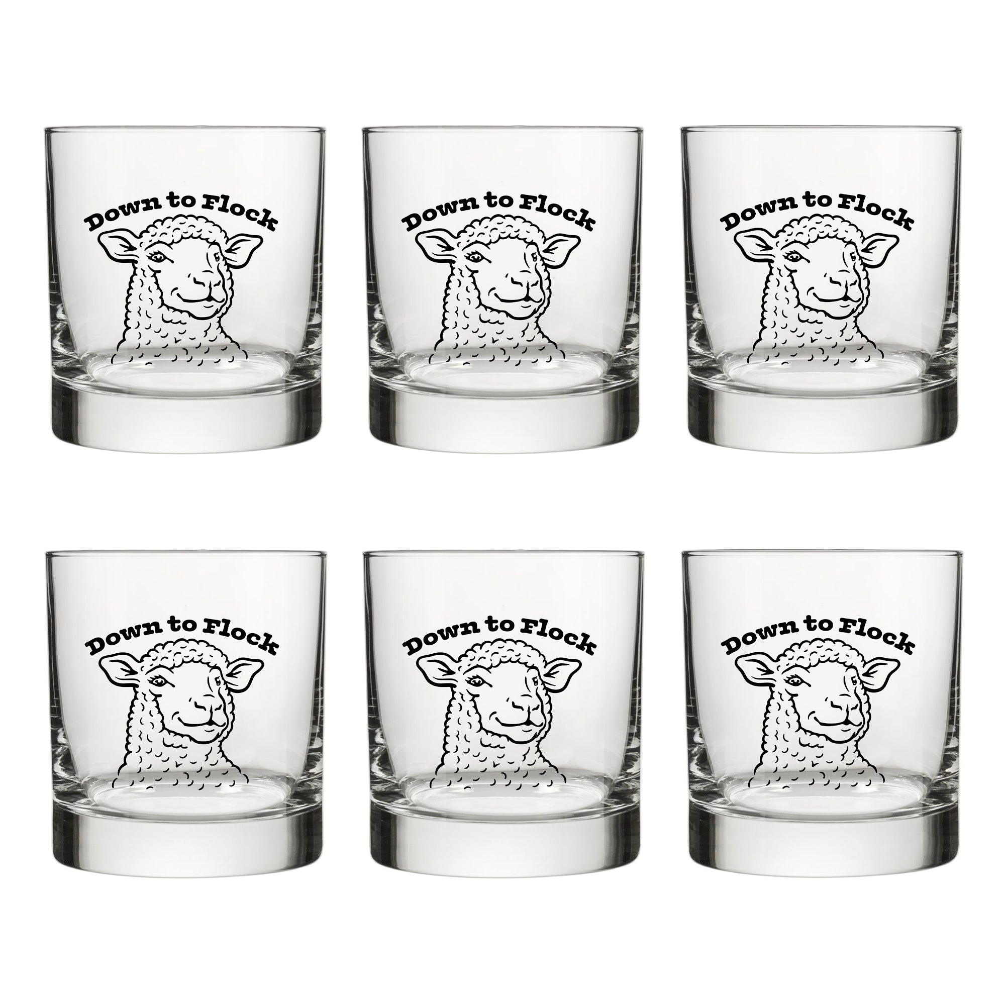 Group of six Funny Lamb Whiskey Glasses featuring the printed sheep design and 'Down to Flock,' great for gatherings.