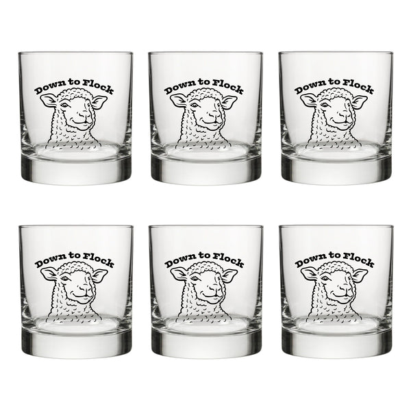 Group of six Funny Lamb Whiskey Glasses featuring the printed sheep design and 'Down to Flock,' great for gatherings.