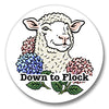 A charming illustration of a cute lamb surrounded by colorful hydrangeas, with the text 'Down to Flock' indicating it's a delightful bottle opener design, perfect for adding fun to your drink routine. Featuring a playful aesthetic, this lamb bottle opener is sure to brighten up any kitchen or bar.