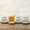 Set of four Funny Lamb Whiskey Glasses featuring the lamb design with the phrase 'Down to Flock,' perfect for entertaining.