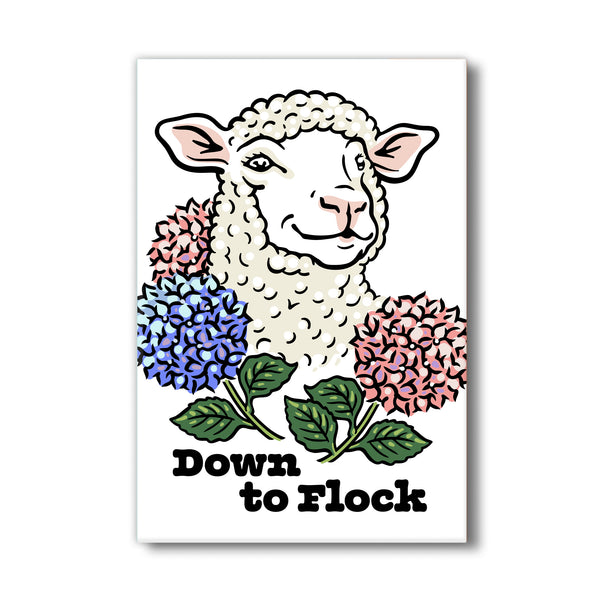 A cheerful sheep illustration adorned with colorful hydrangeas, labeled 'Down to Flock'. This whimsical lamb magnet for kitchen adds charm and personality to your fridge.