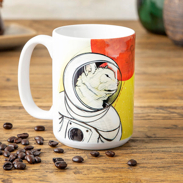 Space Cat Coffee Mug – 15 Oz Ceramic Cup