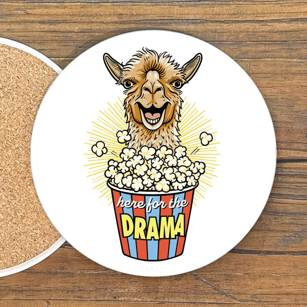 Drama Llama Popcorn Drink Coaster featuring a playful llama graphic and popcorn design, perfect for adding personality to your space with colorful drink coasters.