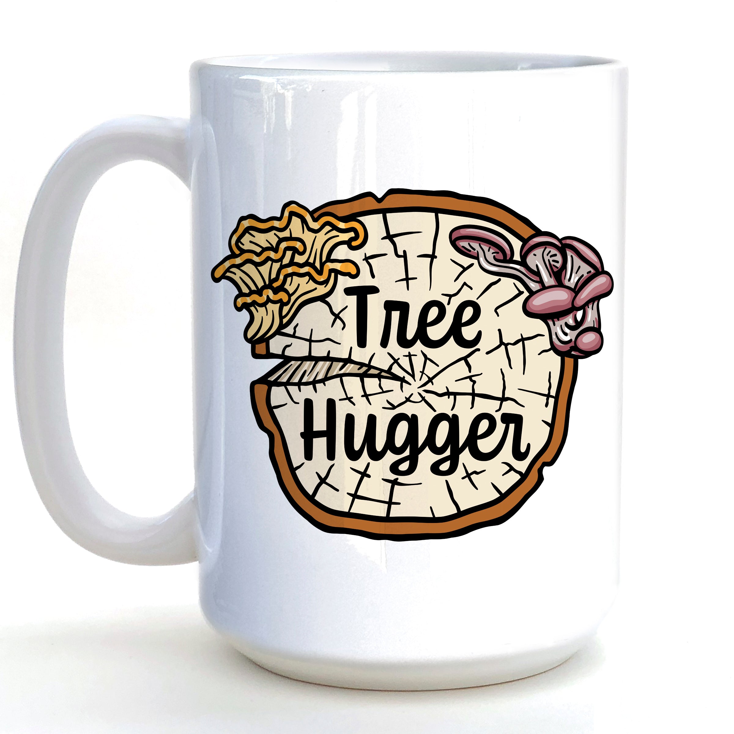 A white ceramic mug with a tree stump design and the text "Hugs" printed on it.