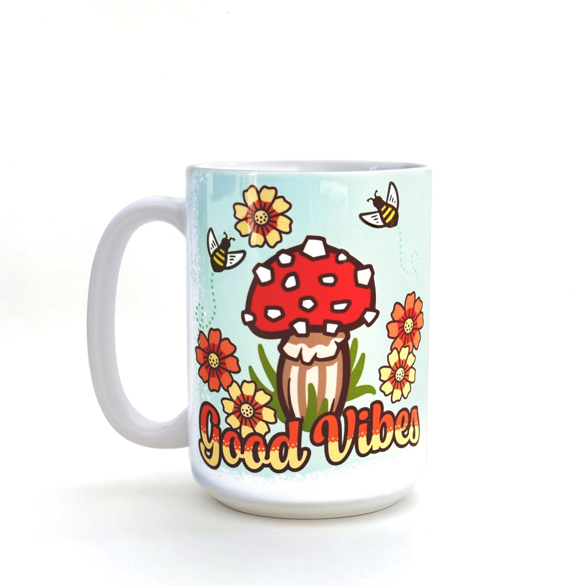 Adorable 15 Oz Good Vibes Mushroom Coffee Mug - Dishwasher & Microwave Safe with Large Handle - Mug - Two Little Fruits - Two Little Fruits