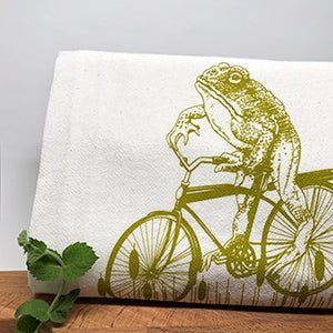 Adorable Frog Tea Towel - Eco - Friendly, 100% Cotton, Vintage Cruiser Bicycle Design, Handmade in USA - Tea Towels - Two Little Fruits - Two Little Fruits
