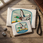Duck Zipper Pouch lifestyle — hand-illustrated linen cosmetic and pencil bag