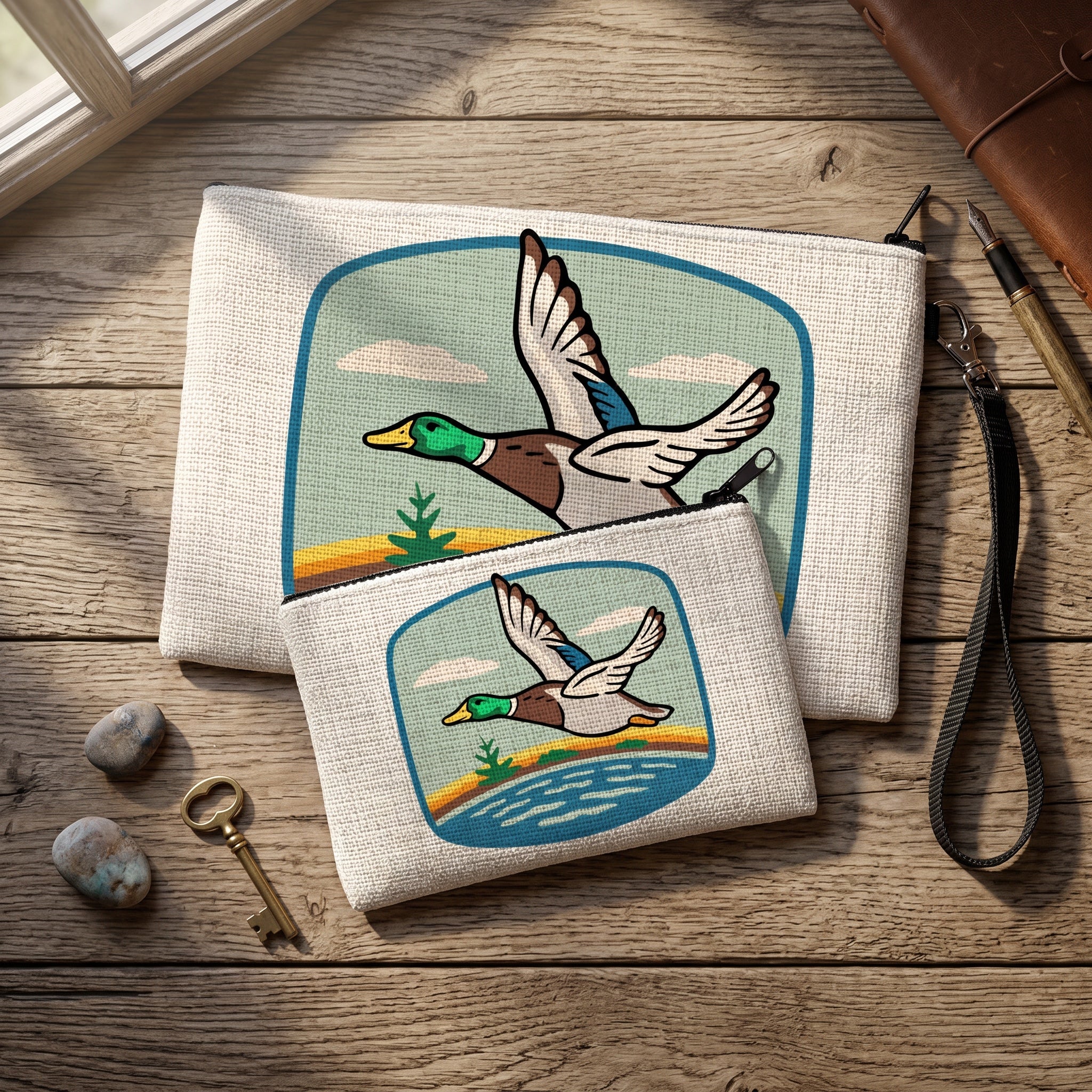 Duck Zipper Pouch lifestyle — hand-illustrated linen cosmetic and pencil bag