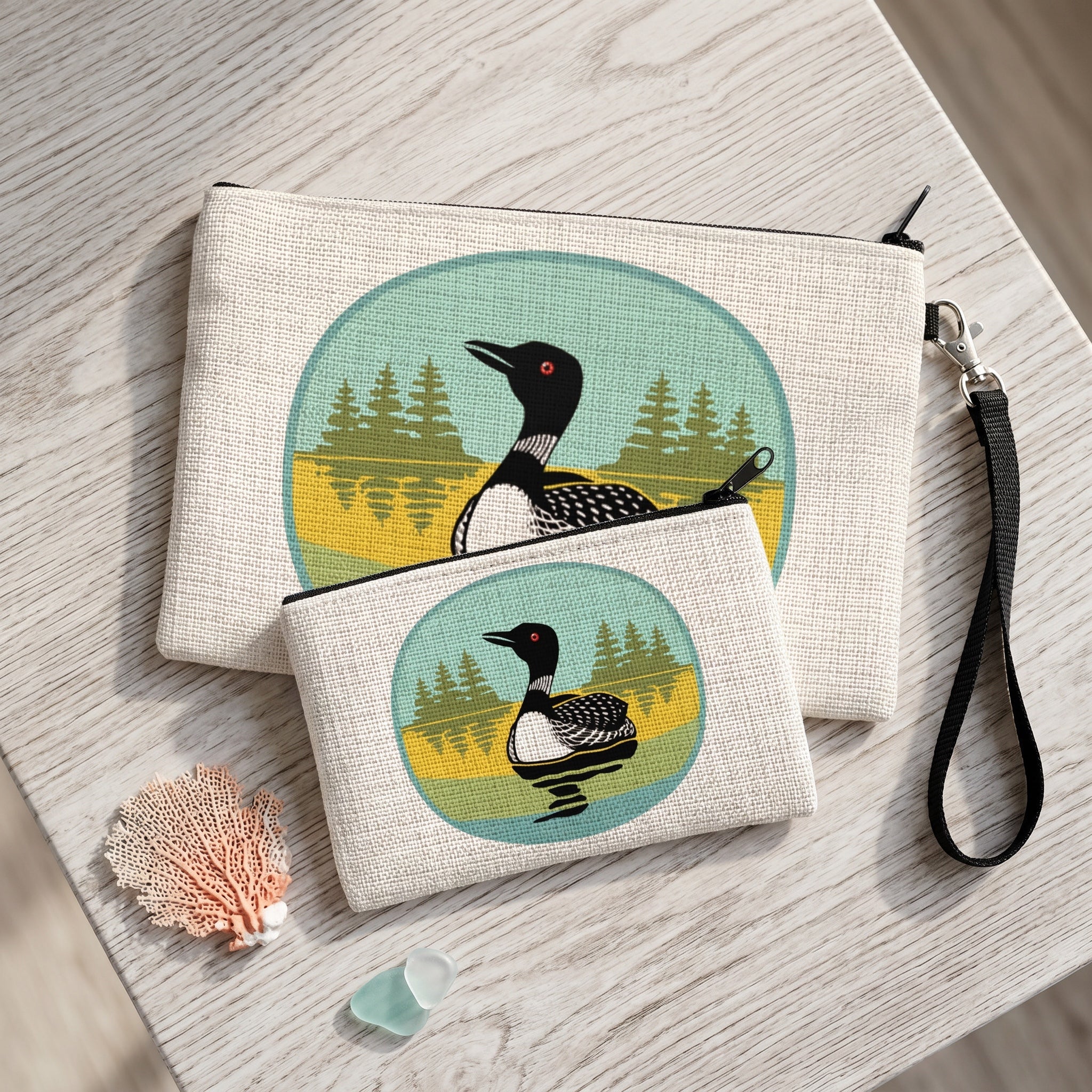 Loon Zipper Pouch — hand-illustrated linen cosmetic and pencil bag, lifestyle