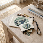 Humpback Whale Zipper Pouch — hand-illustrated linen cosmetic and pencil bag, lifestyle