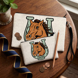 Horse Zipper Pouch — hand-illustrated linen cosmetic and pencil bag, lifestyle