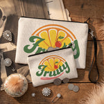Fruity Zipper Pouch — hand-illustrated linen cosmetic and pencil bag, lifestyle