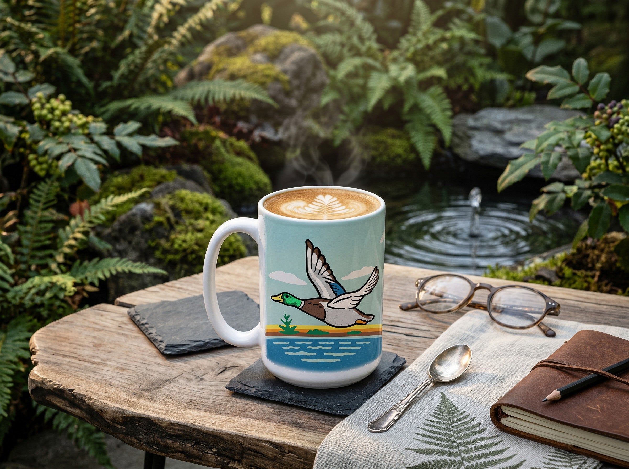 Duck Coffee Mug — hand-illustrated 15oz ceramic mug, lifestyle