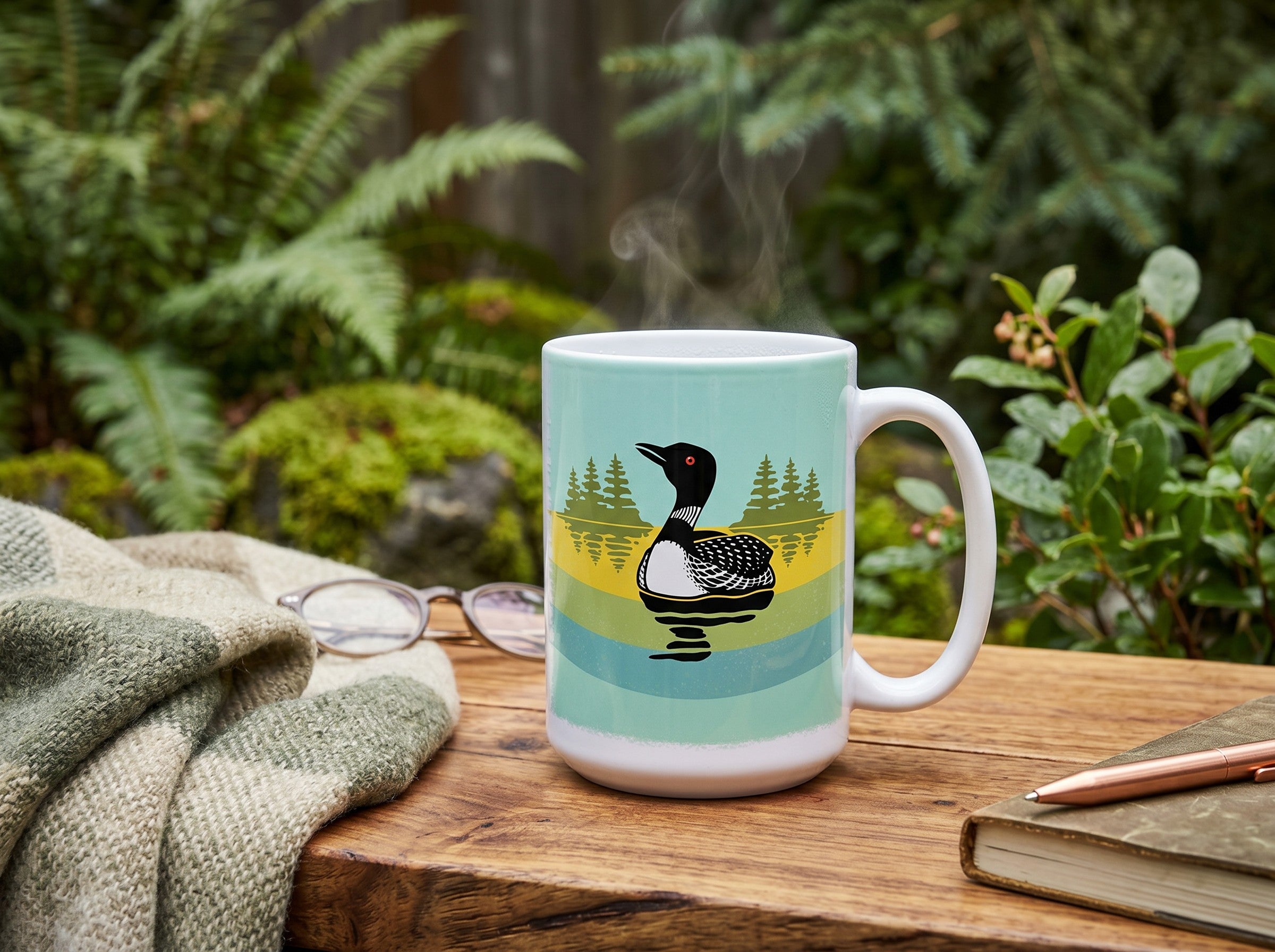 Loon Coffee Mug — hand-illustrated 15oz ceramic mug, lifestyle