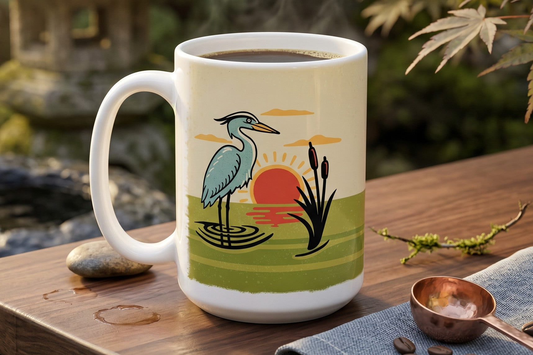 Heron Coffee Mug — hand-illustrated 15oz ceramic mug, lifestyle