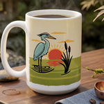 Heron Coffee Mug — hand-illustrated 15oz ceramic mug, lifestyle