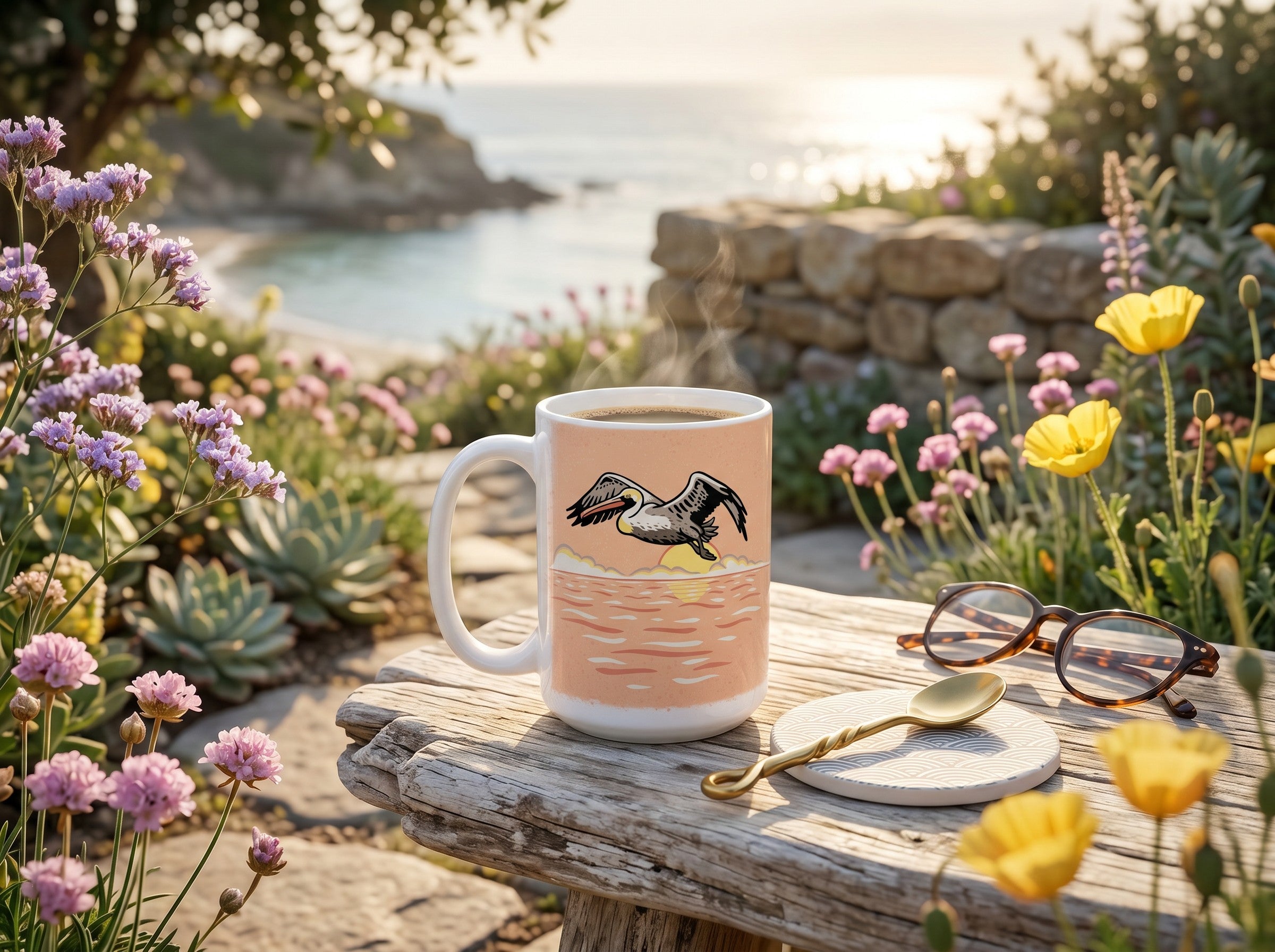 Pelican Coffee Mug — hand-illustrated 15oz ceramic mug, lifestyle