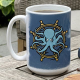 Octopus Wheel Coffee Mug — hand-illustrated 15oz ceramic mug, lifestyle
