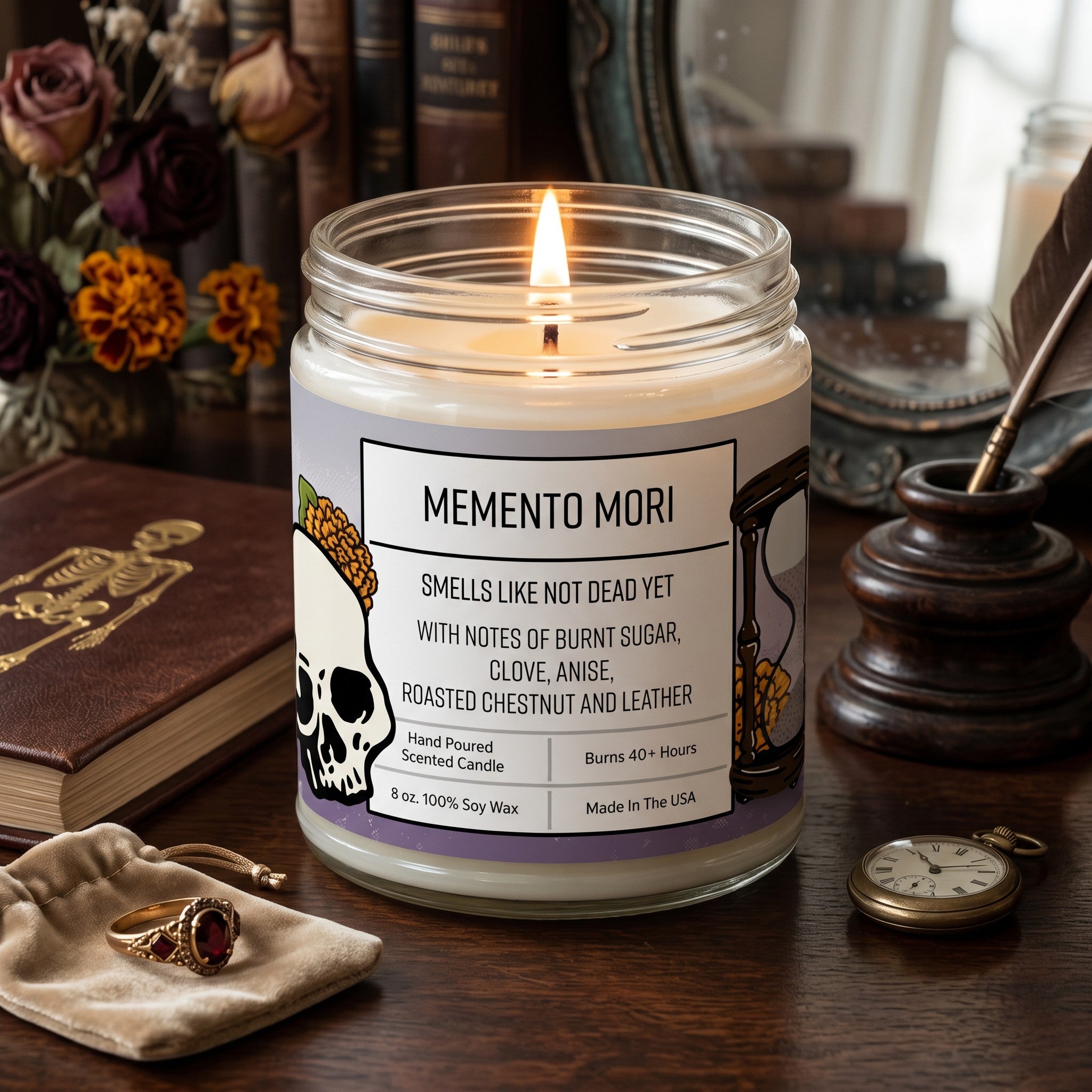 Memento Mori Soy Candle — hand-poured 8oz, lifestyle
