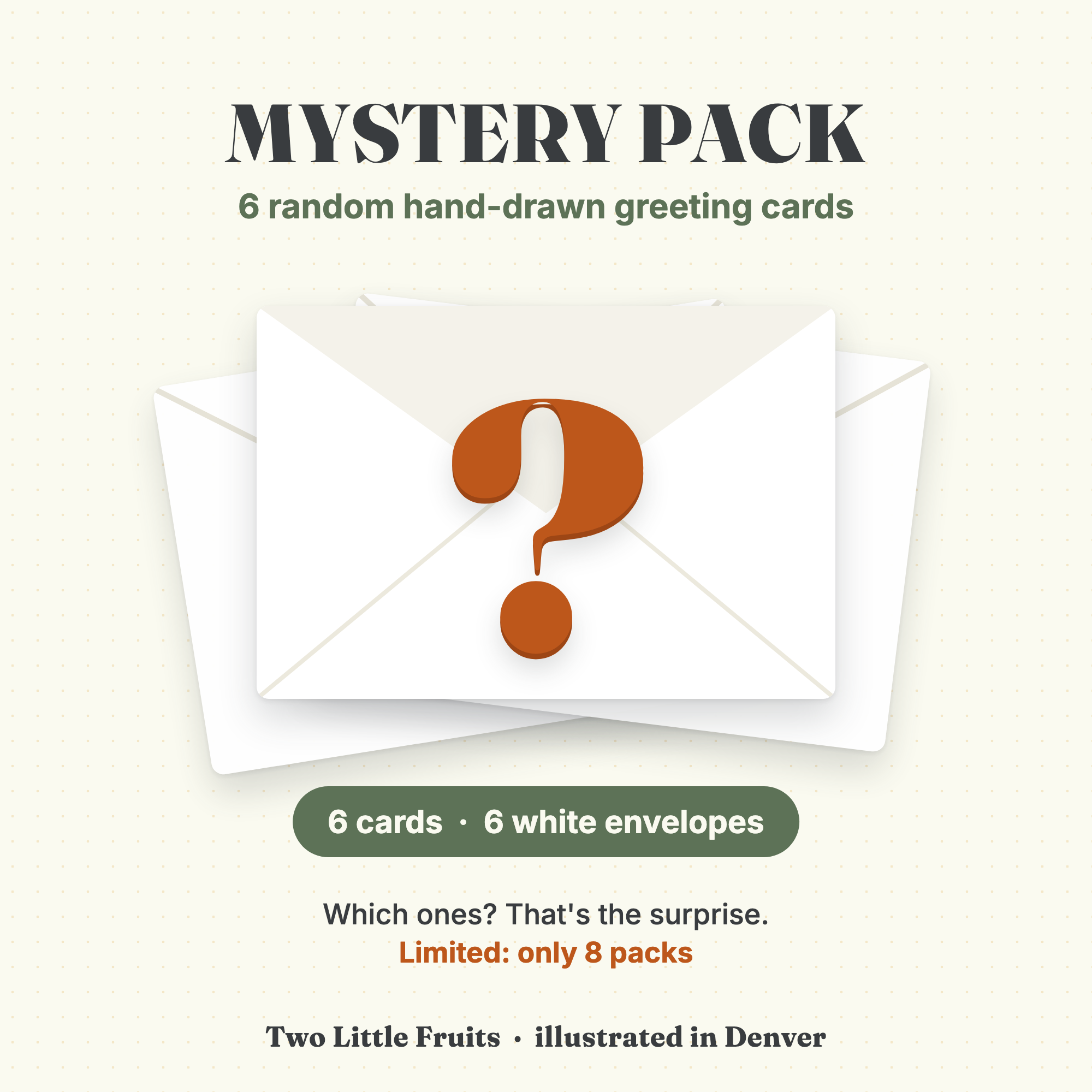 Mystery Pack - 6 random hand-drawn greeting cards with white envelopes, by Two Little Fruits