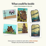 What could be inside the mystery greeting card pack: elephant, bison, Colorado beer can, grizzly bear, Camping = Breakfast Beer and Outdoorsy cards with white envelopes