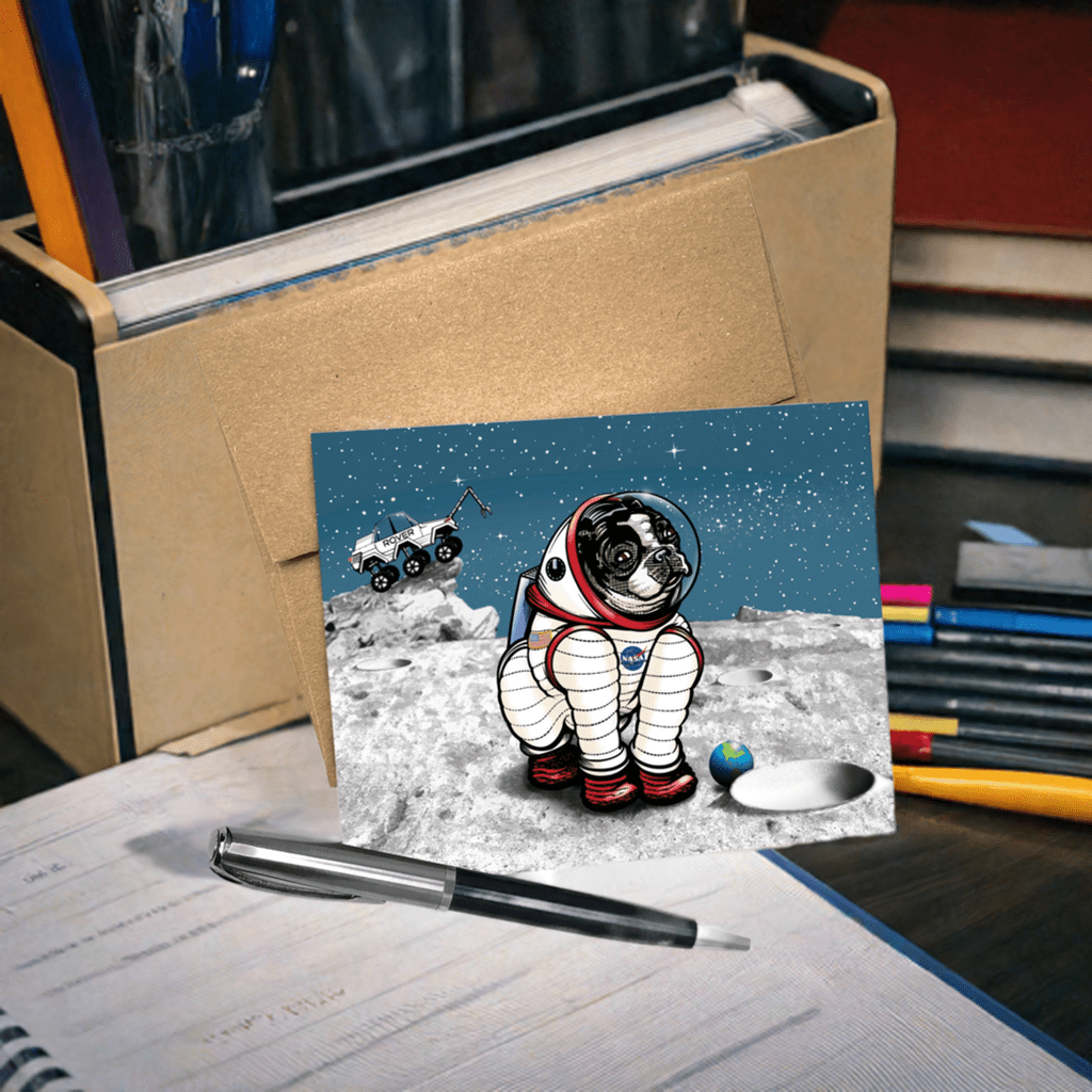 Astronaut Dog Greeting Card displayed on a workspace with pens and notepad, showcasing a whimsical pug in a spacesuit against a starry background.