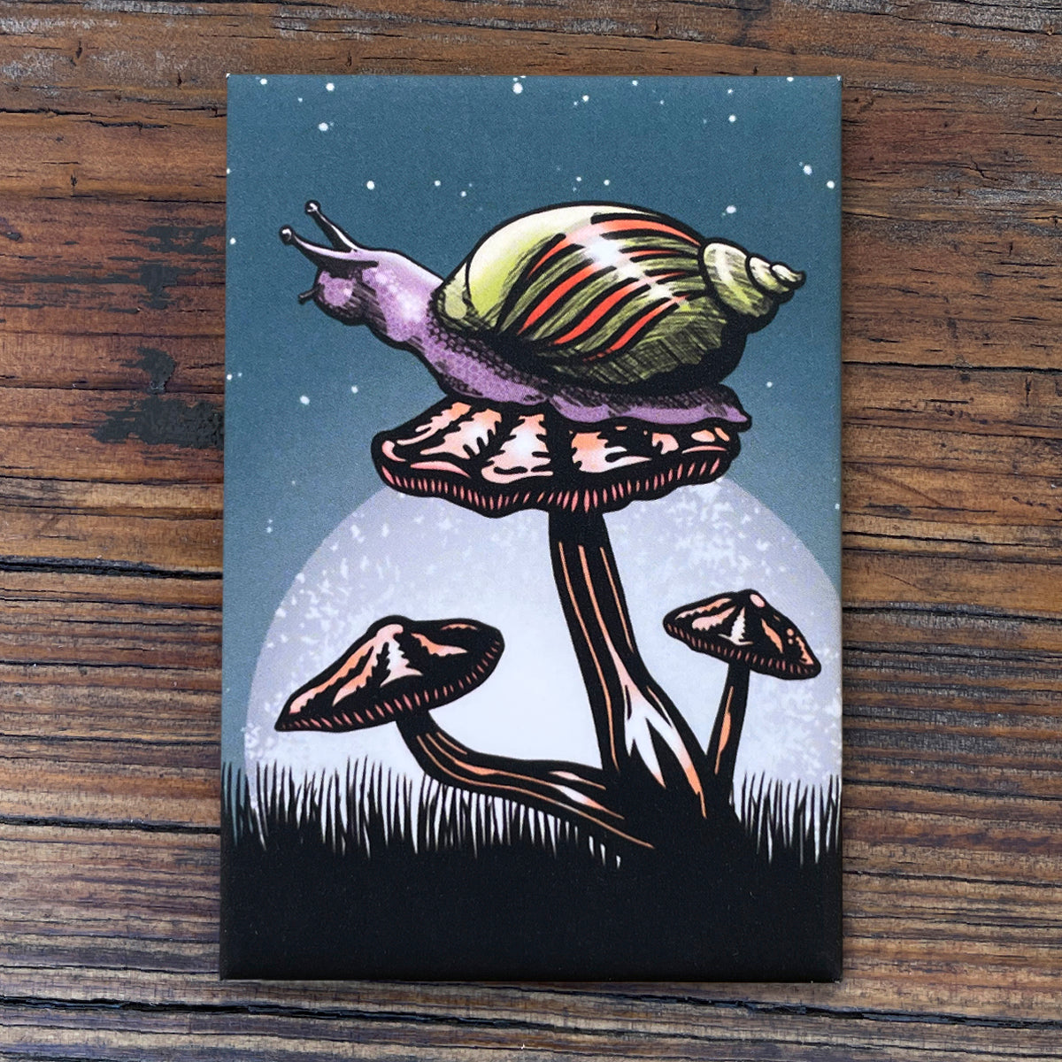 A colorful illustration of a snail on a mushroom, set against a night sky with stars.