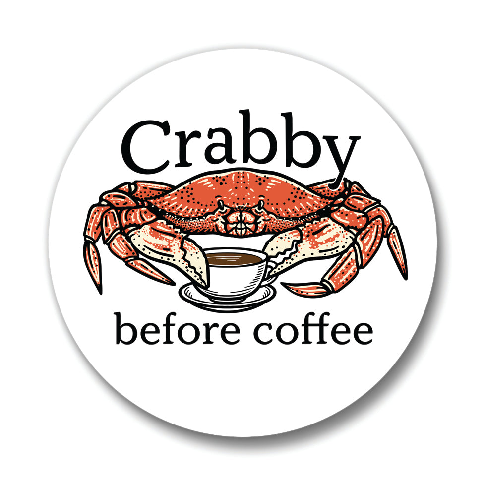 A white circle with a red crab and a cup of coffee, accompanied by the text 