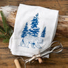Adorable Bear Kitchen Towel – Hand-Drawn Design in Royal Blue showcasing a bear graphic amidst evergreen trees, ideal for adding style to your kitchen decor.
