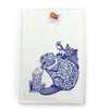 A neatly folded beaver tea towel showcasing a blue beaver illustration, tagged as a flour sack towel, conveying its eco-friendly charm.