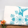 Elegant close-up of a turquoise hummingbird tea towel, adorned with floral illustrations, set against a neutral background with a decorative flower.