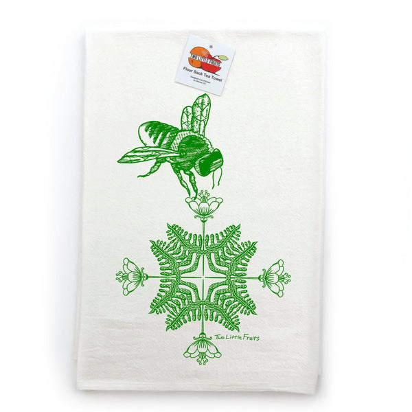Beautiful tea towel displaying a green bee and intricate floral patterns, illustrating unique tea towel designs for animal lovers.
