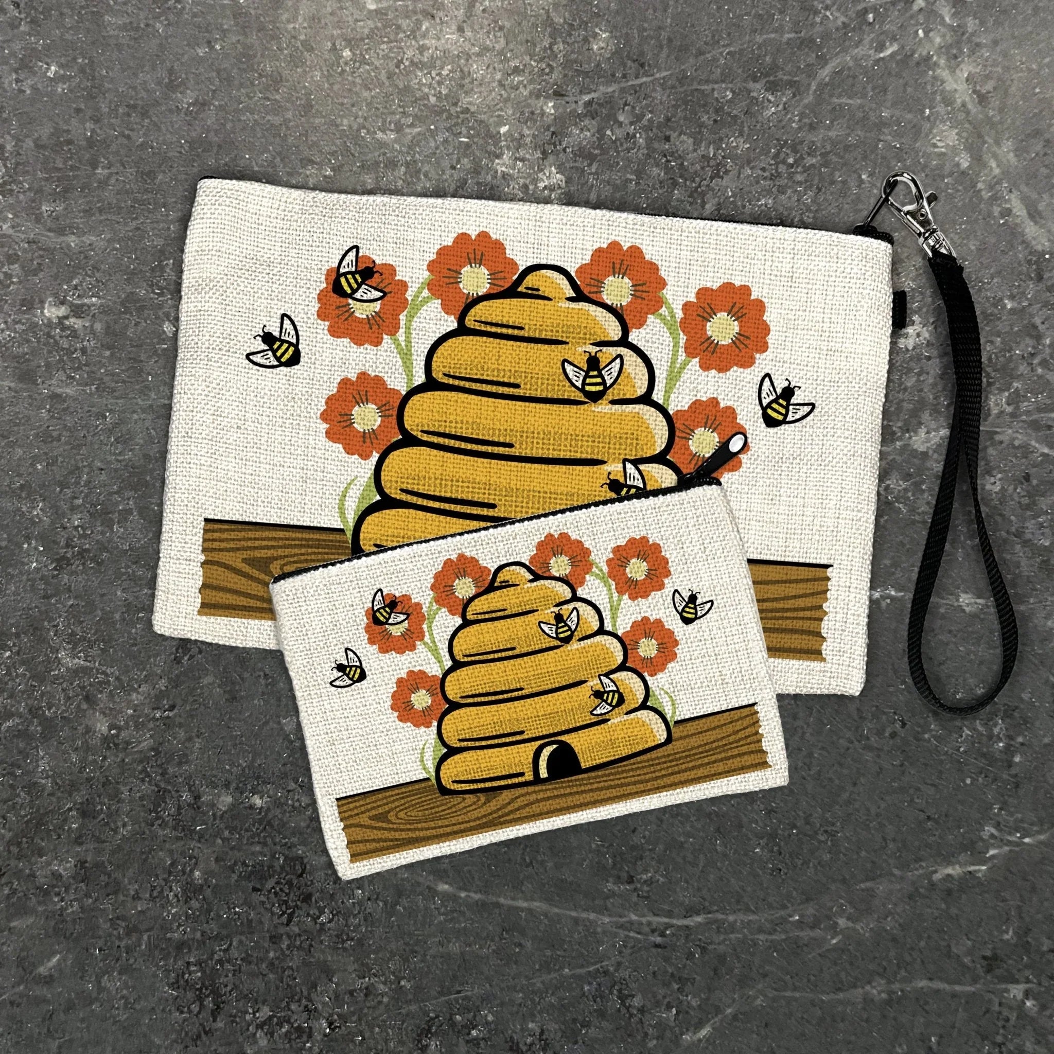 Beehive Makeup Organizer Bag – Stylish Travel Cosmetic illustrated zipper pouch by Two Little Fruits