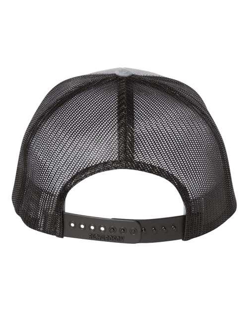 the back of a black mesh baseball cap with a black strap.