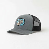 A gray baseball cap with a black mesh panel on the side.