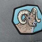 A close-up of a gray fabric with a patch featuring a detailed embroidered image of a ram's head.
