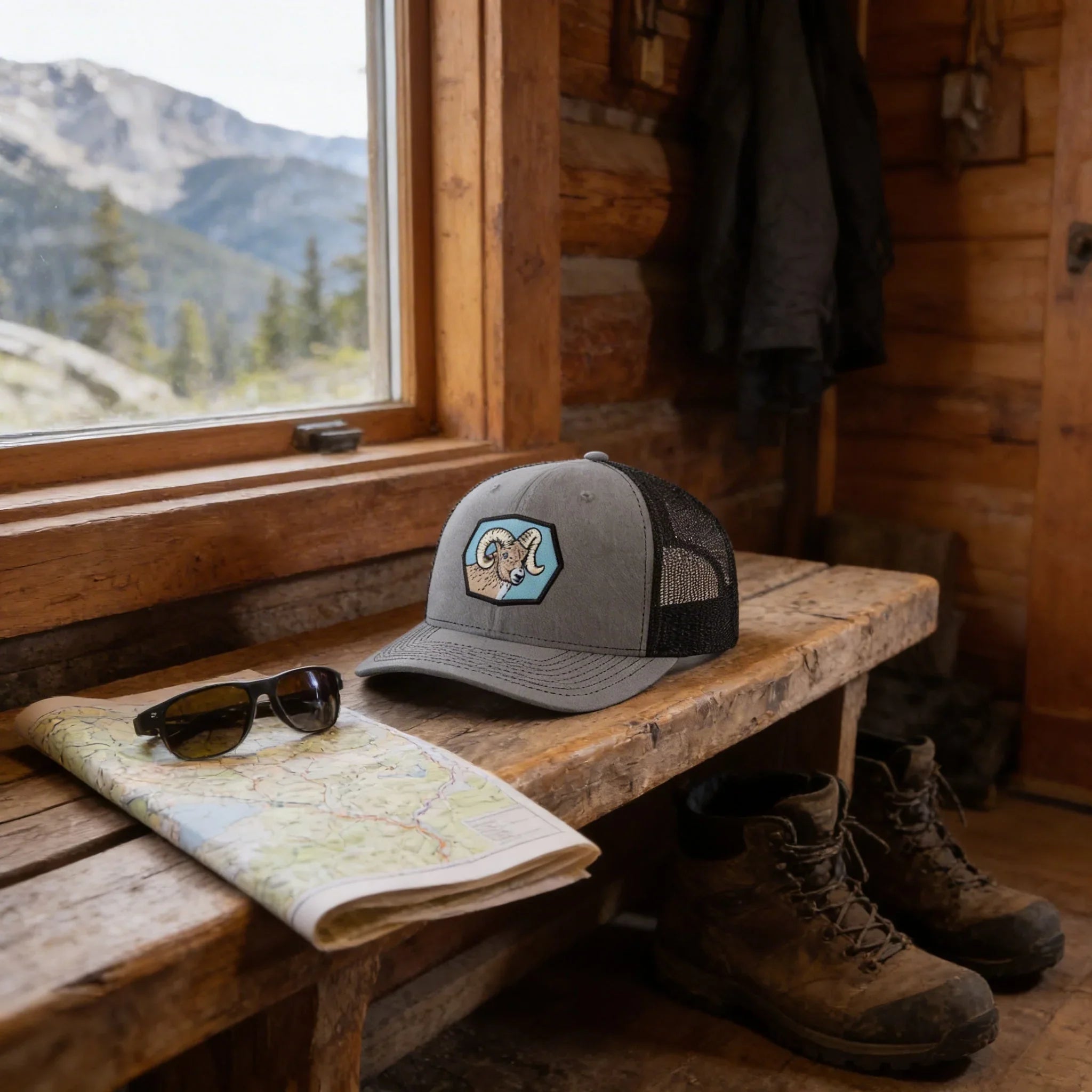 a wooden bench with a hat, sunglasses, and a map, suggesting a setting related to outdoor activities or travel.