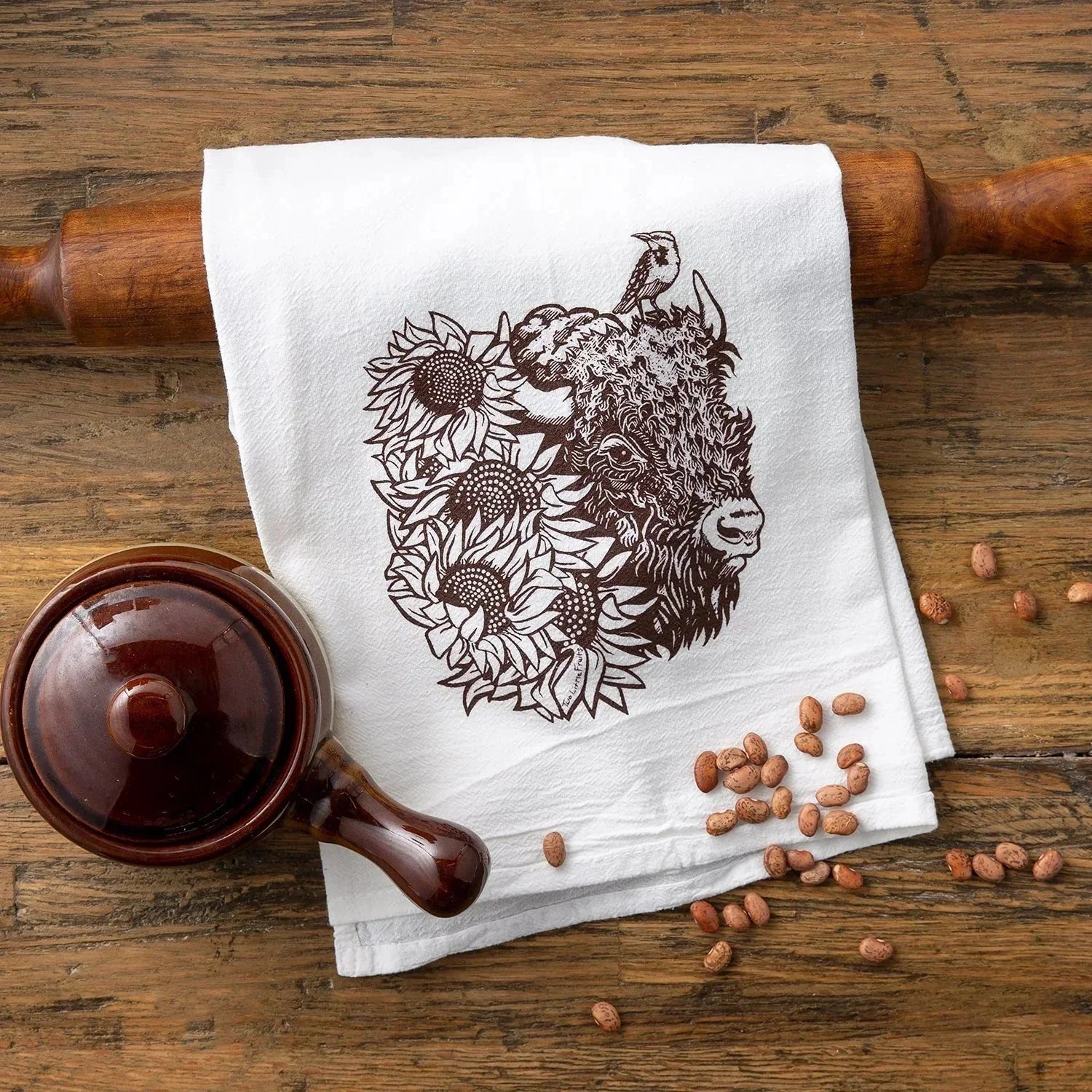 Bison Tea Towel - Hand - Illustrated Eco - Friendly Kitchen Accessory, 100Cotton, Made in USA - Tea Towels - Two Little Fruits - Two Little Fruits