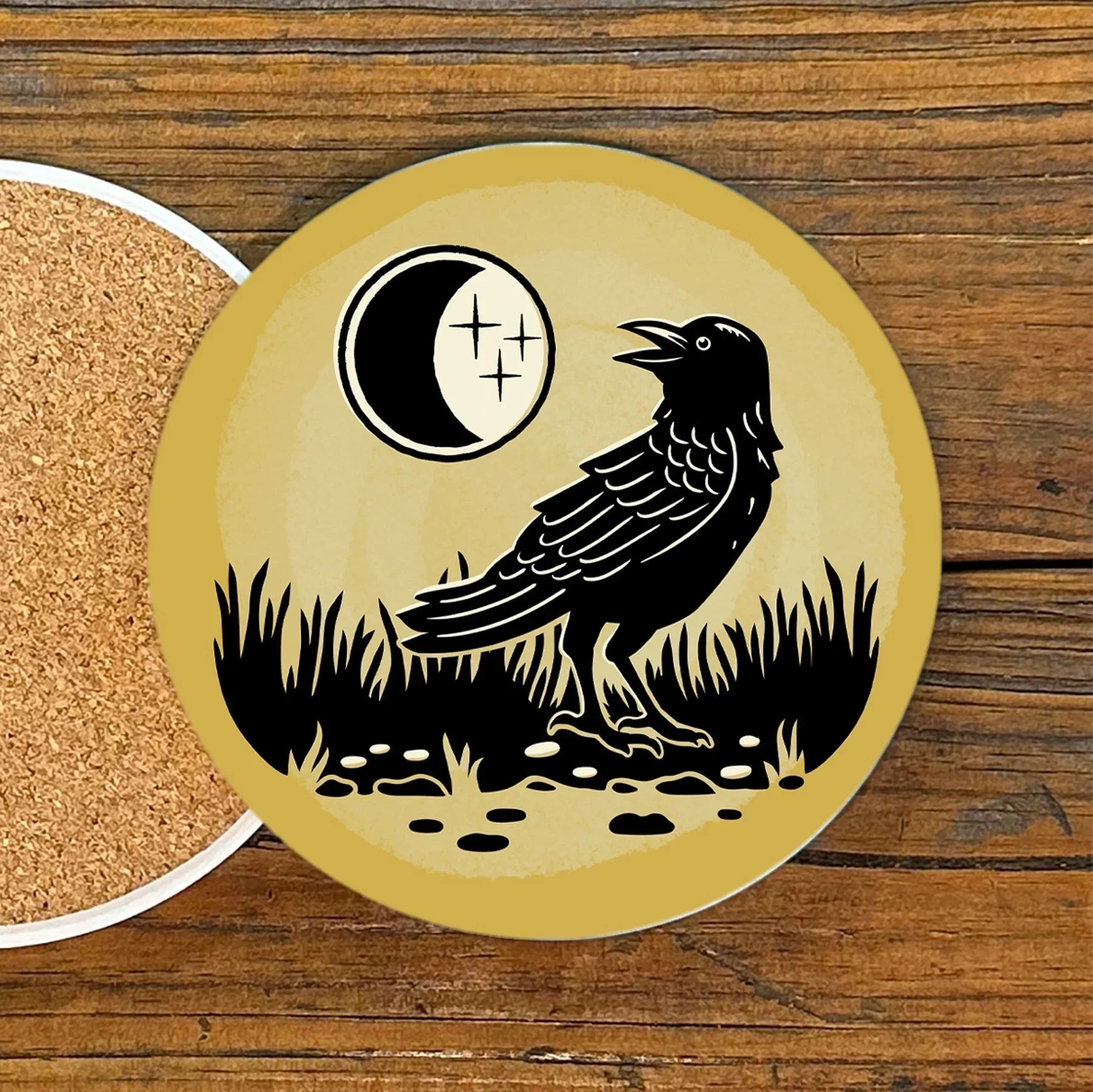 Black Crow illustrated coaster by Two Little Fruits