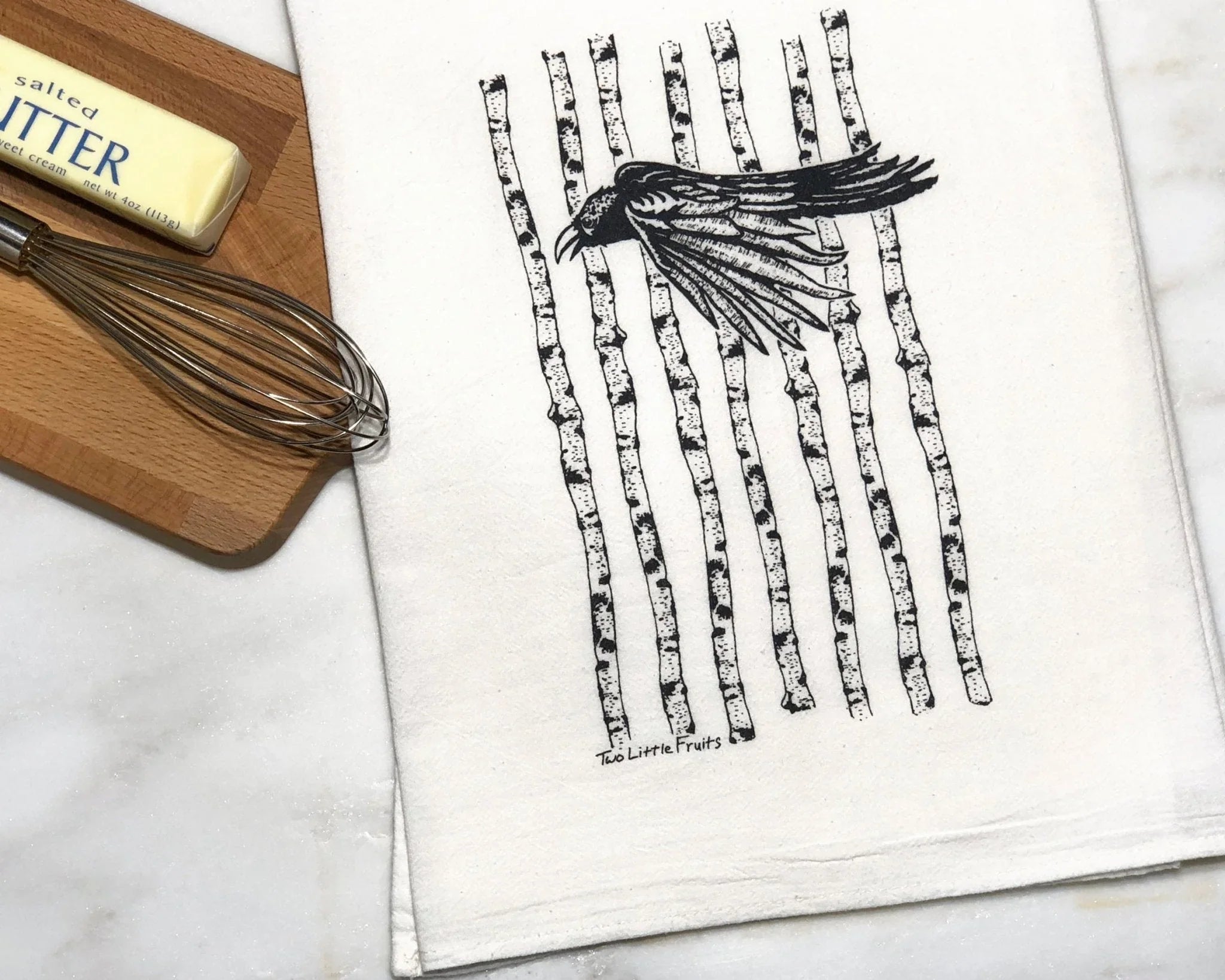 Black Raven Tea Towel - Hand - Illustrated Cotton Dish Towel with Aspen Tree Design - Tea Towels - Two Little Fruits - Two Little Fruits